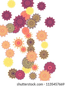 Ethnic Orient Background with Simple Mandala Motives. Outline Round Patterns on White Background. Bohemian Vintage  Background in Indian Style. Lacy Medallions. Moroccan, Turkish or Arabic Pattern
