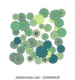 Ethnic Orient Background with Simple Mandala Motives. Outline Round Patterns on White Background. Bohemian Vintage  Background in Indian Style. Lacy Medallions. Moroccan, Turkish or Arabic Pattern