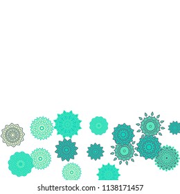 Ethnic Orient Background with Simple Mandala Motives. Outline Round Patterns on White Background. Bohemian Vintage  Background in Indian Style. Lacy Medallions. Moroccan, Turkish or Arabic Pattern