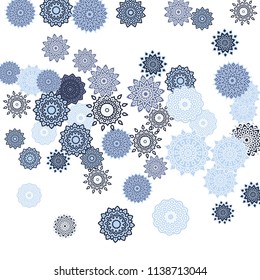 Ethnic Orient Background with Simple Mandala Motives. Outline Round Patterns on White Background. Bohemian Vintage  Background in Indian Style. Lacy Medallions. Moroccan, Turkish or Arabic Pattern