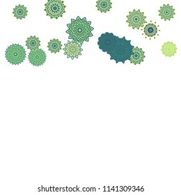 Ethnic Orient Background with Simple Mandala Motives. Outline Round Patterns on White Background. Bohemian Vintage  Background in Indian Style. Lacy Medallions. Moroccan, Turkish or Arabic Pattern