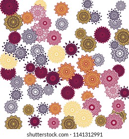 Ethnic Orient Background with Simple Mandala Motives. Outline Round Patterns on White Background. Bohemian Vintage  Background in Indian Style. Lacy Medallions. Moroccan, Turkish or Arabic Pattern