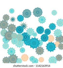 Ethnic Orient Background with Simple Mandala Motives. Outline Round Patterns on White Background. Bohemian Vintage  Background in Indian Style. Lacy Medallions. Moroccan, Turkish or Arabic Pattern
