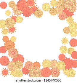Ethnic Orient Background with Simple Mandala Motives. Outline Round Patterns on White Background. Bohemian Vintage  Background in Indian Style. Lacy Medallions. Moroccan, Turkish or Arabic Pattern