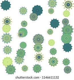 Ethnic Orient Background with Simple Mandala Motives. Outline Round Patterns on White Background. Bohemian Vintage  Background in Indian Style. Lacy Medallions. Moroccan, Turkish or Arabic Pattern
