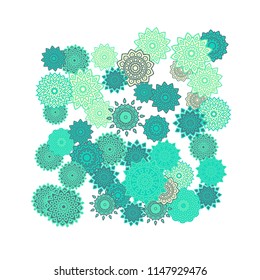 Ethnic Orient Background with Simple Mandala Motives. Outline Round Patterns on White Background. Bohemian Vintage  Background in Indian Style. Lacy Medallions. Moroccan, Turkish or Arabic Pattern