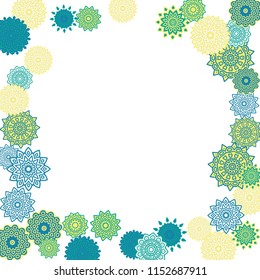 Ethnic Orient Background with Simple Mandala Motives. Outline Round Patterns on White Background. Bohemian Vintage  Background in Indian Style. Lacy Medallions. Moroccan, Turkish or Arabic Pattern