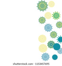 Ethnic Orient Background with Simple Mandala Motives. Outline Round Patterns on White Background. Bohemian Vintage  Background in Indian Style. Lacy Medallions. Moroccan, Turkish or Arabic Pattern