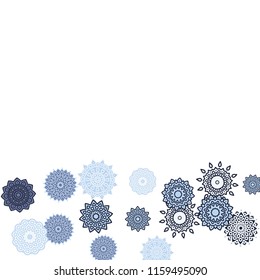 Ethnic Orient Background with Simple Mandala Motives. Outline Round Patterns on White Background. Bohemian Vintage  Background in Indian Style. Lacy Medallions. Moroccan, Turkish or Arabic Pattern
