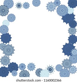 Ethnic Orient Background with Simple Mandala Motives. Outline Round Patterns on White Background. Bohemian Vintage  Background in Indian Style. Lacy Medallions. Moroccan, Turkish or Arabic Pattern