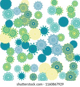 Ethnic Orient Background with Simple Mandala Motives. Outline Round Patterns on White Background. Bohemian Vintage  Background in Indian Style. Lacy Medallions. Moroccan, Turkish or Arabic Pattern