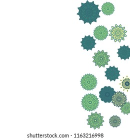 Ethnic Orient Background with Simple Mandala Motives. Outline Round Patterns on White Background. Bohemian Vintage  Background in Indian Style. Lacy Medallions. Moroccan, Turkish or Arabic Pattern