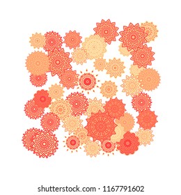 Ethnic Orient Background with Simple Mandala Motives. Outline Round Patterns on White Background. Bohemian Vintage  Background in Indian Style. Lacy Medallions. Moroccan, Turkish or Arabic Pattern
