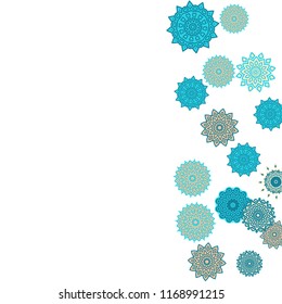 Ethnic Orient Background with Simple Mandala Motives. Outline Round Patterns on White Background. Bohemian Vintage  Background in Indian Style. Lacy Medallions. Moroccan, Turkish or Arabic Pattern