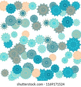 Ethnic Orient Background with Simple Mandala Motives. Outline Round Patterns on White Background. Bohemian Vintage  Background in Indian Style. Lacy Medallions. Moroccan, Turkish or Arabic Pattern