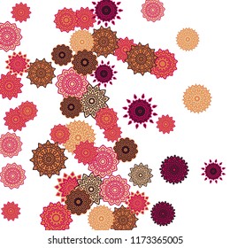 Ethnic Orient Background with Simple Mandala Motives. Outline Round Patterns on White Background. Bohemian Vintage  Background in Indian Style. Lacy Medallions. Moroccan, Turkish or Arabic Pattern