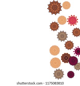 Ethnic Orient Background with Simple Mandala Motives. Outline Round Patterns on White Background. Bohemian Vintage  Background in Indian Style. Lacy Medallions. Moroccan, Turkish or Arabic Pattern