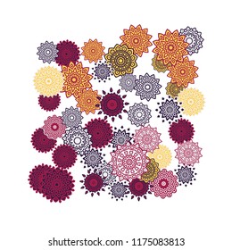 Ethnic Orient Background with Simple Mandala Motives. Outline Round Patterns on White Background. Bohemian Vintage  Background in Indian Style. Lacy Medallions. Moroccan, Turkish or Arabic Pattern