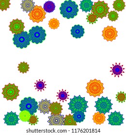 Ethnic Orient Background with Simple Mandala Motives. Outline Round Patterns on White Background. Bohemian Vintage  Background in Indian Style. Lacy Medallions. Moroccan, Turkish or Arabic Pattern