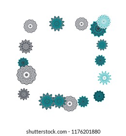 Ethnic Orient Background with Simple Mandala Motives. Outline Round Patterns on White Background. Bohemian Vintage  Background in Indian Style. Lacy Medallions. Moroccan, Turkish or Arabic Pattern