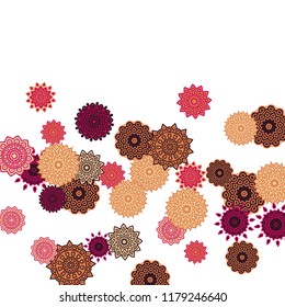 Ethnic Orient Background with Simple Mandala Motives. Outline Round Patterns on White Background. Bohemian Vintage  Background in Indian Style. Lacy Medallions. Moroccan, Turkish or Arabic Pattern