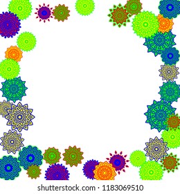 Ethnic Orient Background with Simple Mandala Motives. Outline Round Patterns on White Background. Bohemian Vintage  Background in Indian Style. Lacy Medallions. Moroccan, Turkish or Arabic Pattern