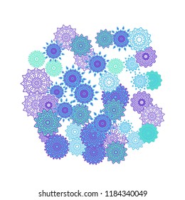 Ethnic Orient Background with Simple Mandala Motives. Outline Round Patterns on White Background. Bohemian Vintage  Background in Indian Style. Lacy Medallions. Moroccan, Turkish or Arabic Pattern