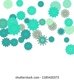 Ethnic Orient Background with Simple Mandala Motives. Outline Round Patterns on White Background. Bohemian Vintage  Background in Indian Style. Lacy Medallions. Moroccan, Turkish or Arabic Pattern
