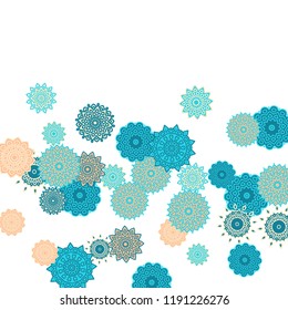 Ethnic Orient Background with Simple Mandala Motives. Outline Round Patterns on White Background. Bohemian Vintage  Background in Indian Style. Lacy Medallions. Moroccan, Turkish or Arabic Pattern
