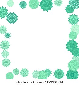 Ethnic Orient Background with Simple Mandala Motives. Outline Round Patterns on White Background. Bohemian Vintage  Background in Indian Style. Lacy Medallions. Moroccan, Turkish or Arabic Pattern