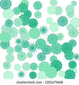 Ethnic Orient Background with Simple Mandala Motives. Outline Round Patterns on White Background. Bohemian Vintage  Background in Indian Style. Lacy Medallions. Moroccan, Turkish or Arabic Pattern
