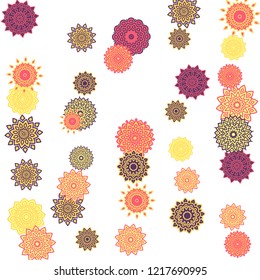 Ethnic Orient Background with Simple Mandala Motives. Outline Round Patterns on White Background. Bohemian Vintage  Background in Indian Style. Lacy Medallions. Moroccan, Turkish or Arabic Pattern