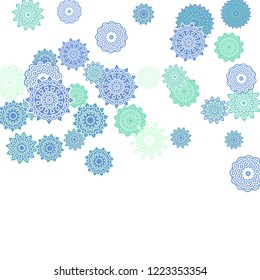 Ethnic Orient Background with Simple Mandala Motives. Outline Round Patterns on White Background. Bohemian Vintage  Background in Indian Style. Lacy Medallions. Moroccan, Turkish or Arabic Pattern
