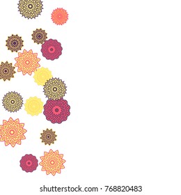 Ethnic Orient Background with Simple Mandala Motives. Outline Round Patterns on White Background. Bohemian Vintage  Background in Indian Style. Lacy Medallions. Moroccan, Turkish or Arabic Pattern