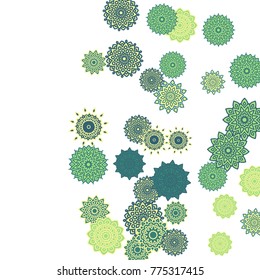 Ethnic Orient Background with Simple Mandala Motives. Outline Round Patterns on White Background. Bohemian Vintage  Background in Indian Style. Lacy Medallions. Moroccan, Turkish or Arabic Pattern