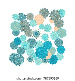 Ethnic Orient Background with Simple Mandala Motives. Outline Round Patterns on White Background. Bohemian Vintage  Background in Indian Style. Lacy Medallions. Moroccan, Turkish or Arabic Pattern