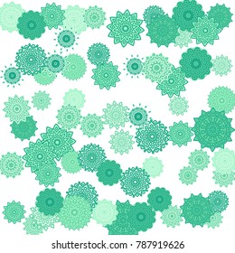 Ethnic Orient Background with Simple Mandala Motives. Outline Round Patterns on White Background. Bohemian Vintage  Background in Indian Style. Lacy Medallions. Moroccan, Turkish or Arabic Pattern