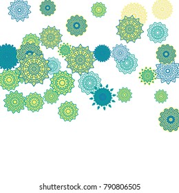Ethnic Orient Background with Simple Mandala Motives. Outline Round Patterns on White Background. Bohemian Vintage  Background in Indian Style. Lacy Medallions. Moroccan, Turkish or Arabic Pattern