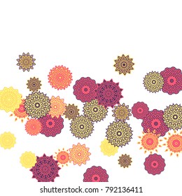 Ethnic Orient Background with Simple Mandala Motives. Outline Round Patterns on White Background. Bohemian Vintage  Background in Indian Style. Lacy Medallions. Moroccan, Turkish or Arabic Pattern