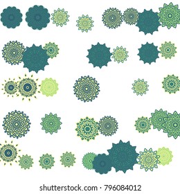 Ethnic Orient Background with Simple Mandala Motives. Outline Round Patterns on White Background. Bohemian Vintage  Background in Indian Style. Lacy Medallions. Moroccan, Turkish or Arabic Pattern