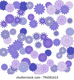 Ethnic Orient Background with Simple Mandala Motives. Outline Round Patterns on White Background. Bohemian Vintage  Background in Indian Style. Lacy Medallions. Moroccan, Turkish or Arabic Pattern