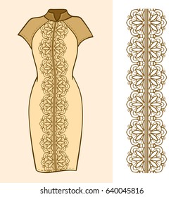 Ethnic orient style dress mock-up with golden pattern brush decoration.
