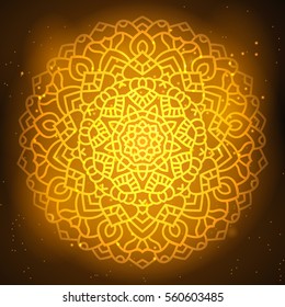 Ethnic Oriental gold mandala. Magic ornament in the night sky