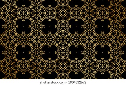 Patrón de oro étnico oriental de formas geométricas y líneas entrelazadas sobre un fondo negro. Textura única artística para el diseño y la decoración. 