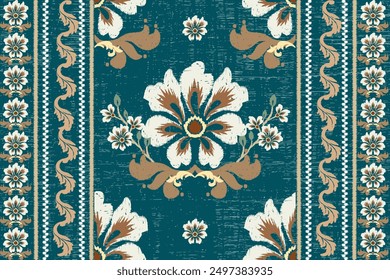 Ethnic Oriental Ikat Flower Embroidery Patterns green background Ethnic Ikat Flower Embroidery Patterns Abstract Embroidery for Surface, Fabric