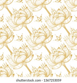 Ethnic Oriental Mehndi Lotus Flower Symbol Seamless Pattern. Golden Ornamental Floral Pattern Vector Background