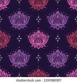 Ethnic Oriental Mehndi Lotus Flower Symbol Seamless Pattern  Vintage Ornamental Floral Pattern Vector Colorful Purple Background