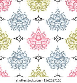 Ethnic Oriental Mehndi Lotus Flower Seamless Pattern. Ornamental Floral Pattern Colorful Vintage Background