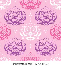 Ethnic Oriental Mehndi Lotus Flower Symbol, Seamless Pattern. Pink Purple and White Ornamental Floral Pattern Vector Background