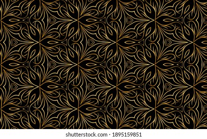 Ethnic oriental ornament. Original texture with gold pattern. Geometric black background for wallpaper, wrapping paper, textile, fabric, website, stained glass decor.